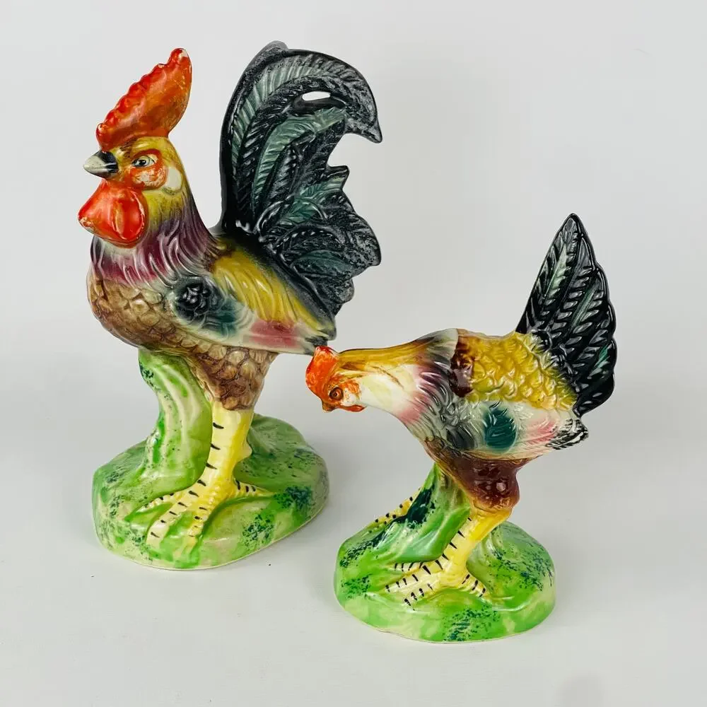 Vintage Ceramic Rooster and Hen Figurine Kitsch Farmhouse Decor